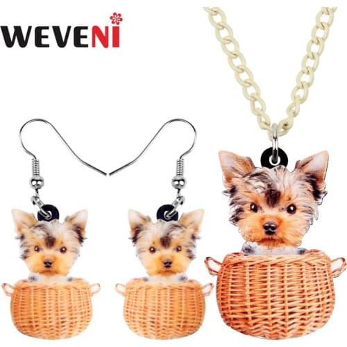 WEVENI Acrylic Sweet Basket Tiny Yorkshire Terrier Dog Necklace Earrings Jewelry Sets Teen Fashion Accessory Charm Gift Party