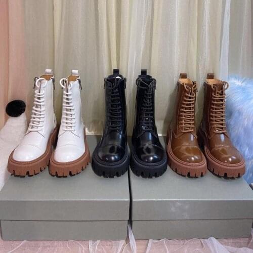 Thick Bottom Ankle Boots Woman Platform Lace Up Genuine Leather Ankle Boot for ladies 2020 Winter New Luxury Brand Designer Shoe