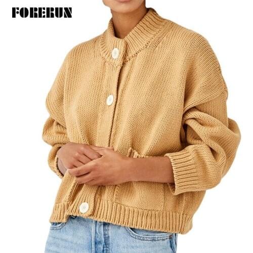 FORERUN Cardigan Women Solid Long Sleeve Saddle Shoulder Single Breasted with Pockets Elegant Ladies Knitted Cardigan Sweater