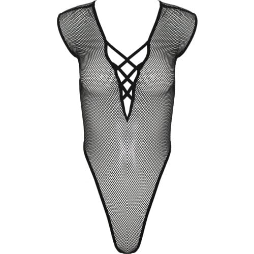 Plus Size Bodysuit Women Erotic Teddies Sexy See-Through Hollow Out Fishnet Sleeveless Leotard Deep V Neck High Cut Nightwear