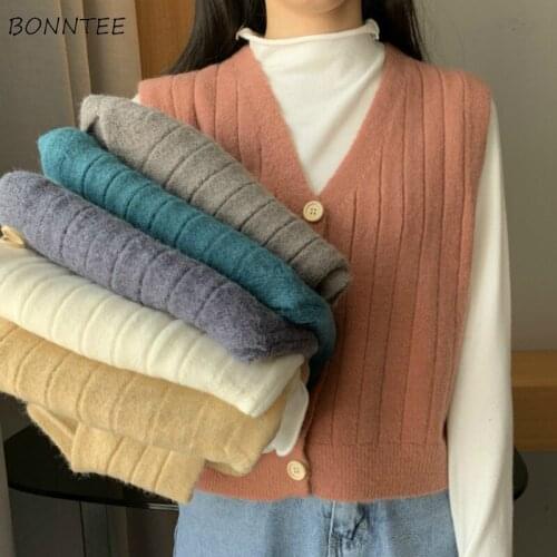 Vest Women Korean Spring Sweater Single Breasted Sleeveless Short All-match Female Coats Knitted V-Neck Regular Ladies Soft Tops