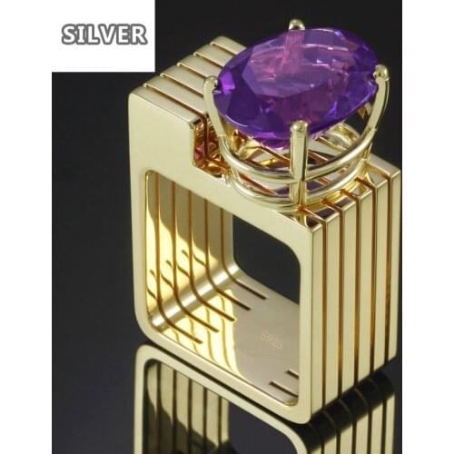 2019 New Luxury Inlaid Purple Rhinestone Rings Female Fashion Yellow 18K Gold Color Square Geometric Finger amethyst ring