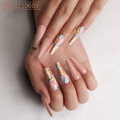 24pcs Fake Nail Patch Glue Type Removable Long Paragraph Fashion Manicure False Save Time Nails Patch Nail Sticker