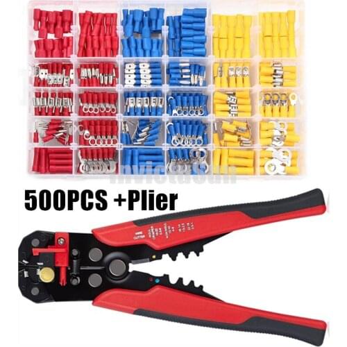 500PCS Insulated Cable Connector Electrical Wire Crimp Spade Butt Ring Fork Ring Lugs Rolled Terminals + Wire Stripper Plier