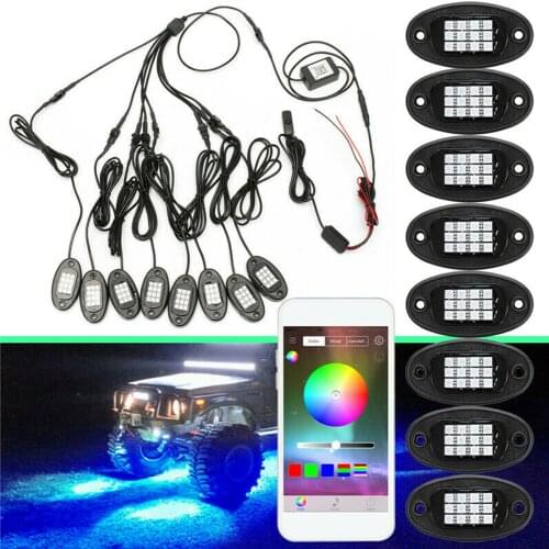 8Pcs LED RGB Underbody Light Bluetooth-compatible Wireless Rock Lamp Off-Road Truck Boat APP Control Decorative Ambient Light