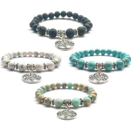 OM Tree of Life Kallaite Howlite Stone Beads Bracelet & Black Lava Yoga Natural Stone Friendship Beads Bracelet Jewelry