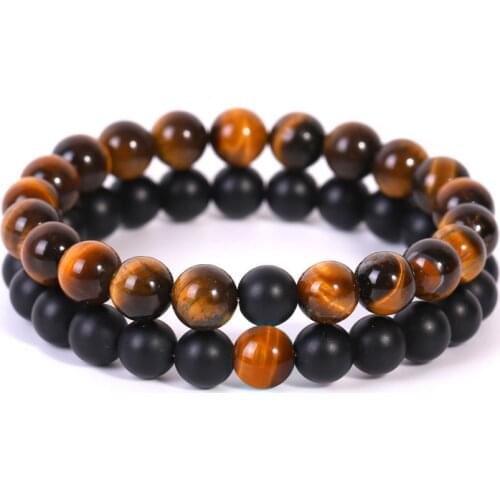 2 Pcs/set Natural Tiger Eye Stone Couple Bracelets Bangles Classic Black White Beaded distance Bracelet Women Men Jewelry Gifts