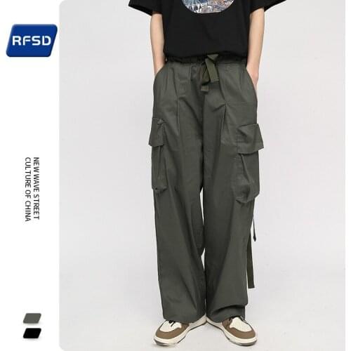 2021 Spring New Japanese Cargo Pants Mens Loose Wide Legs Large Size Casual Pants Hip Hop Straight Multi-pocket