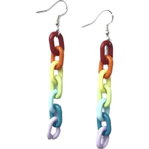 Childlike Retro Rainbow Buckle Acrylic Plastic Chain Fun Earrings Ear Clips Vintage Rainbow Chain Drop Earrings