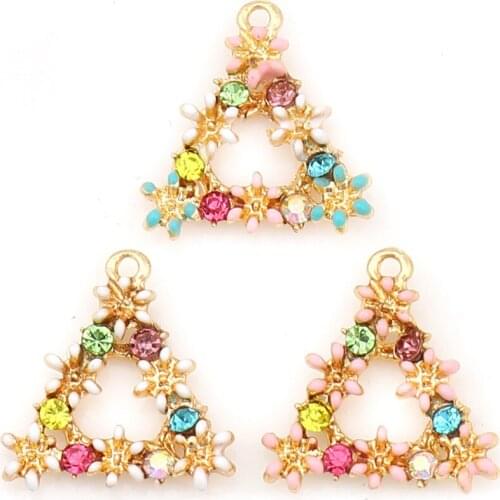 DoreenBeads Fashion Zinc Based Alloy Pendant Charms Triangle Gold Light Pink Flower Multicolor Rhinestone Enamel 16mm x 15, 5PCs