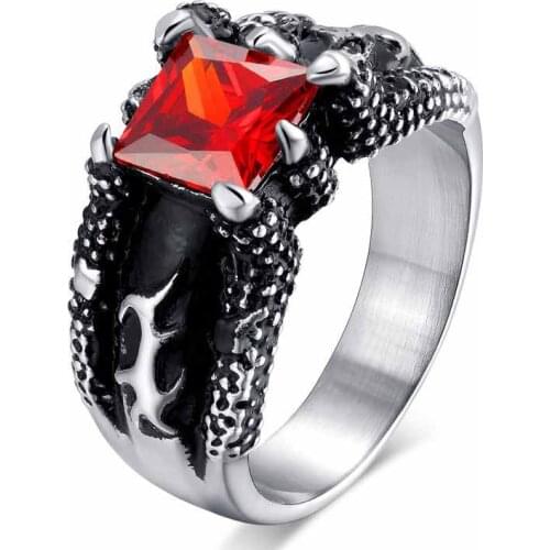 EAMIOR 12 mm Trendy Black Dragon Claw Ring Silver Prong Setting Red Stone Men Ring for Party Anniversary Jewelry High Quality