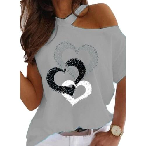 T-shirt Women Heart Print Short Sleeve Women Round Neck Hollow Out Shoulder Top Round Neck Short Sleeve T-shirt Women Summer