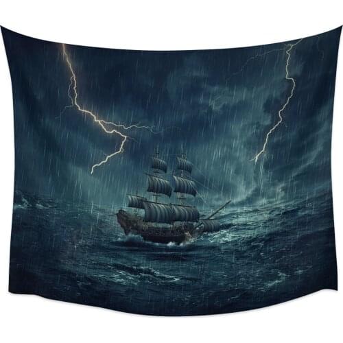 Thunder And Sea Wooden Boat Wall Tapestry Home Wall Decor Tapestry Cover Beach Towel Picnic Mat Yoga Mat