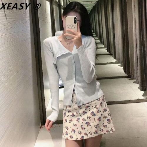 Klacwaya Women 2021 Spring Knitwear Long-Sleeved Round Neck Double Collar Single-Breasted Asymmetric Knit Cardigan