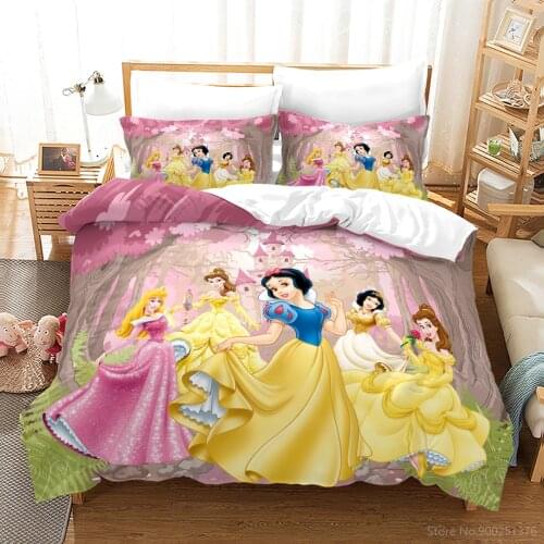 Lovely Snow White Belle Aurora Princess Bedding Set 3D Cartoon Disney Princess Duvet Cover Set Home Textile Twin Full Queen King