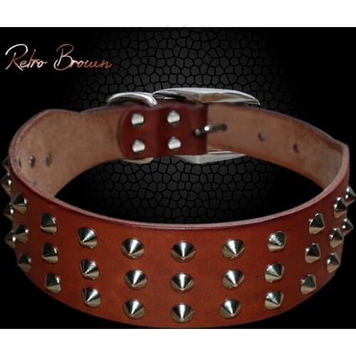 Rivets Studded Dog Collar Leather Dog Collars for Small Medium Large Dogs Durable Brown Pet Collars For Bulldog Pitbull Boxer