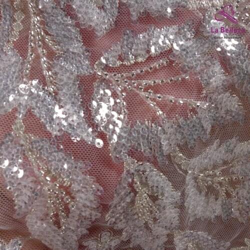 New Fashion off white evening/stage/show dress leaves lace fabric with beads and sequins 125cm by yard