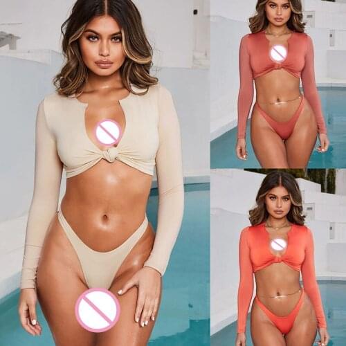 Long-sleeved mesh knotted bikini suit with plain ribbon breast pad without underwire