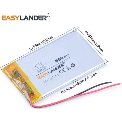 303759 3.7V 650mAh Rechargeable li Polymer Li-ion Battery For MP3 MP4 DVR Toys GPS PSP PDA speaker bluetooth earphone