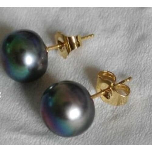 Fashion 8-9mm natural south sea peacock green pearl earrings yellow gold