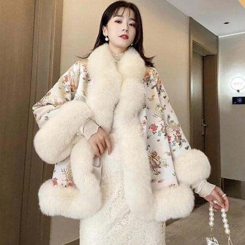 2021 New Winter Chinese Style Fur Shawl Dragon Silk Phoenix Picture Cloak Pearl Button Warm Faux Fur Coat Plus Size