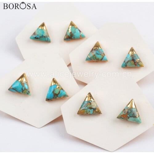 BOROSA 5Pairs Wholesale Square Round Triangle Shape 10mm Gold Color Copper & Natural Turquoises Stud Earrings Jewelry G1723