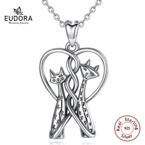 EUDORA Sterling silver Two Cat Pendant Necklace Kitten Charm Heart Pussy style Pendants for Women Wedding Jewelry gift CYD414