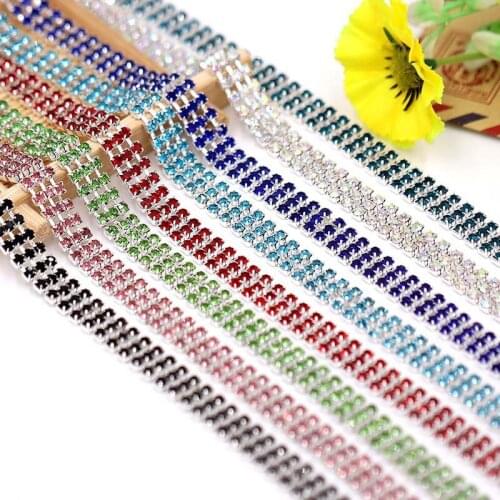 10yard 3Row Rhinestone Silver Plated Flatback Metal Claw Chain Trim For Sewing Wedding Dress Hair Clip Cap Shoes Craft Diy