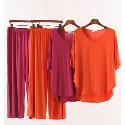 Half sleeve shirt + pant two piece set loose fat mm sleep wear womens home clothes cotton pajamas for women new pijama mujer