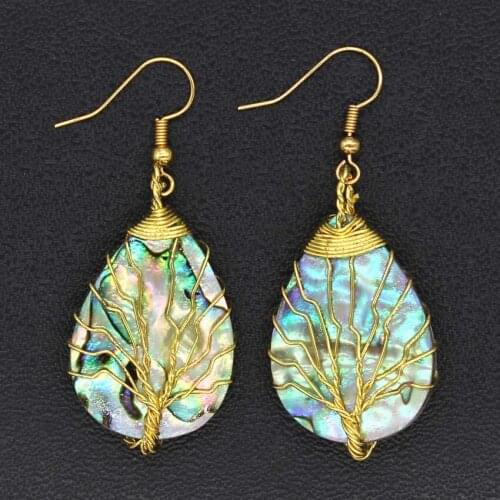 KFT Natural Abalone Shell Earring Wire Wrapped Tree Of Life Water Drop Dangle Hook Shell Earrings For Festive Women GirlsGift