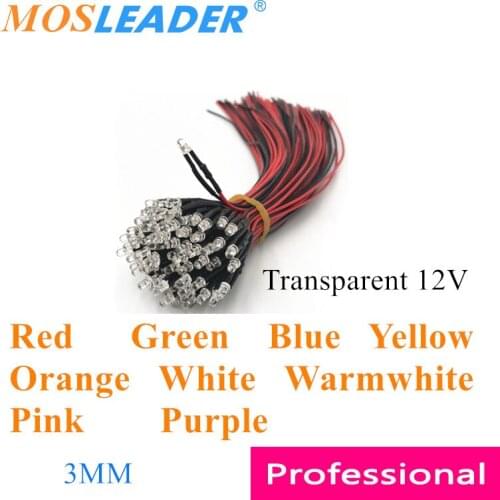 Mosleader 1000pcs 3MM 12V LED with wire 20CM Transparent Red Green Blue Yellow Orange White Warmwhite Pink Purple Indicator led