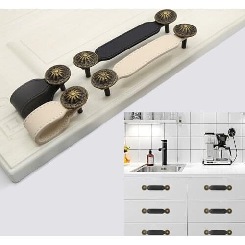 Vintage Leather Handle Metal Flower Head 78/160mm Pull Single/Double Hole Belt Knob w/screws Simple Furniture Luggage Decor