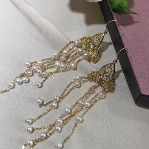 Handpicked White Round Freshwater Pearls Drop-Earrings,Dreamcatcher Tassels pearl women earrings for Jewelry gift,wedding decor