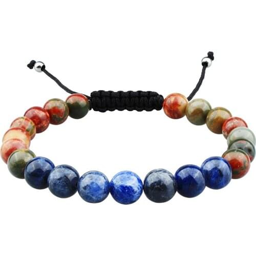 HAWSON Colorful Bracelet for Men Blue Veins Stone Beads and Red Tophus with Adjustable Braided Rope Bracelets for Women