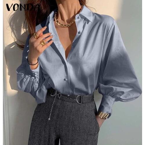 Women'Office Ladies Blouse Casual Solid Tops 2021 VONDA Sexy Turn Down Collar Party Tops Blouse Women'Tunic Femininas