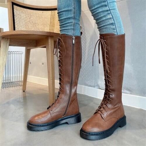 PXELENA Split Leather Riding Knight Military Army Knee High Boots Women Lace Up Zip Low Heels Shoes Lady Fall Spring Winter 2022