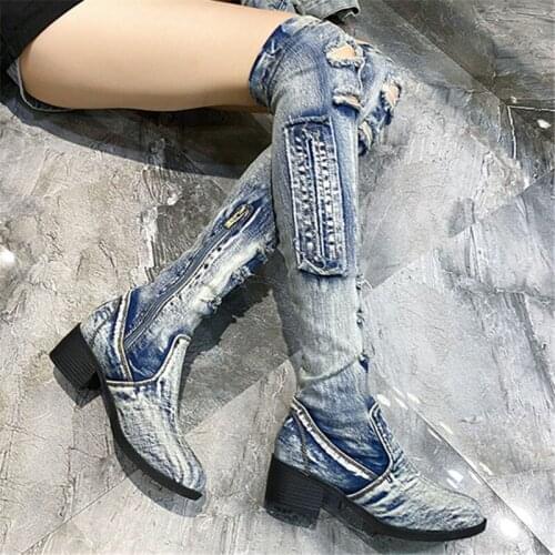 Women Thigh High Boots 5CM Chunky High Heel Over the Knee Boots Casual Jean Botas Mujer Elastic Denim Shoes Long Boot