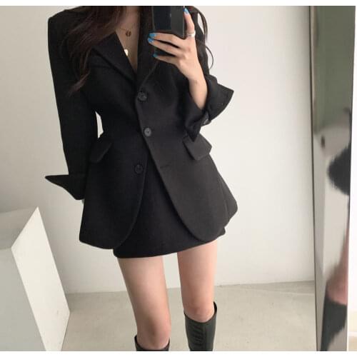 Women Skirt Suits Blazer Skirt Set Korean Chic Winter Vintage Woolen Full Blazer Jacket + High Waist A-Line Skirts