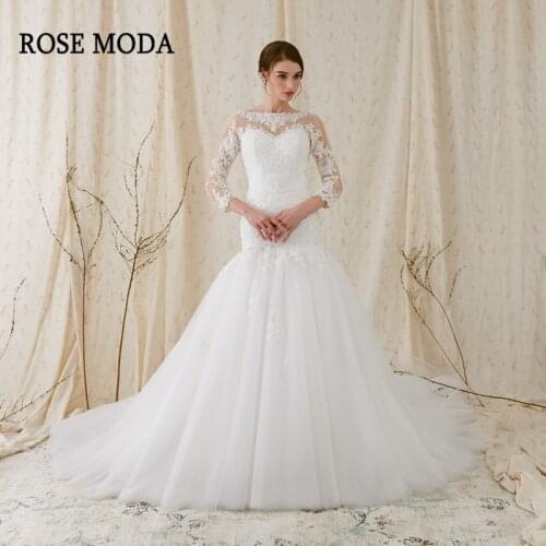 Rose Moda Lace Mermaid Wedding Dress Long Sleeves Wedding Dresses Backless Real Photos Crystal Buttons