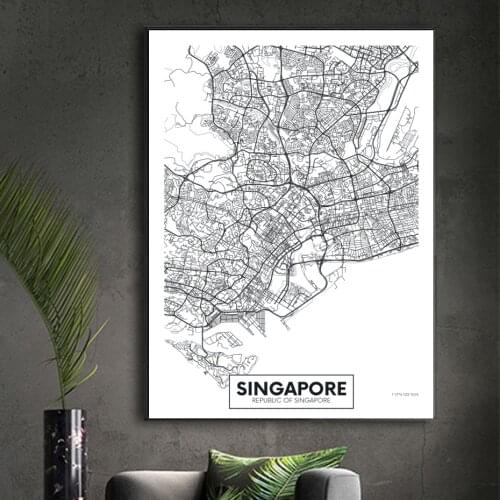 Famous City Map Singapore Printed Canvas Painting Wall Art Pictures Black and White Posters and Prints Living Room Home Decor