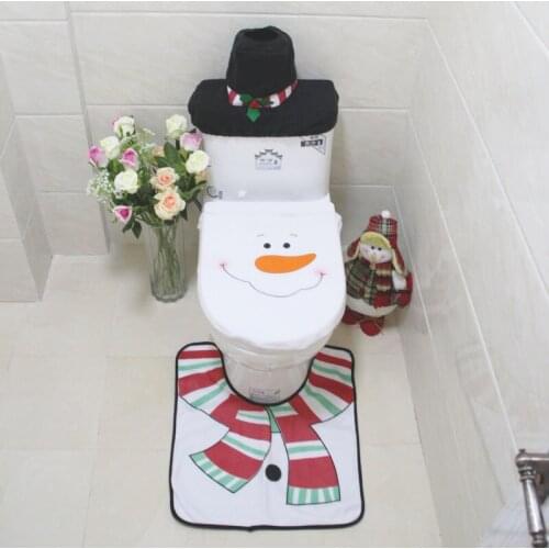 3pcs/set White Red Long Tie Christmas Snowman Toilet Cover Bathroom Mat Toilet Seat Cover Toilet Floor Mat