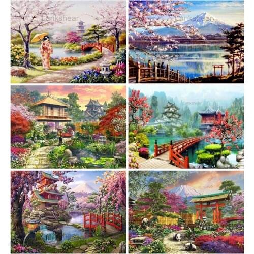 5D Diy Diamond Japanese Style Embroidery House Mosaic Diamond Cherry Blossoms Landscape Cross Stitch Kit Home Decor Gift Hobby