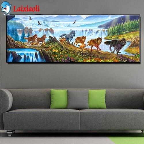 Large size waterfall diy 5d full diamond embroidery sale animals running wolf mosaic diamond painting mosaic wall decoration art