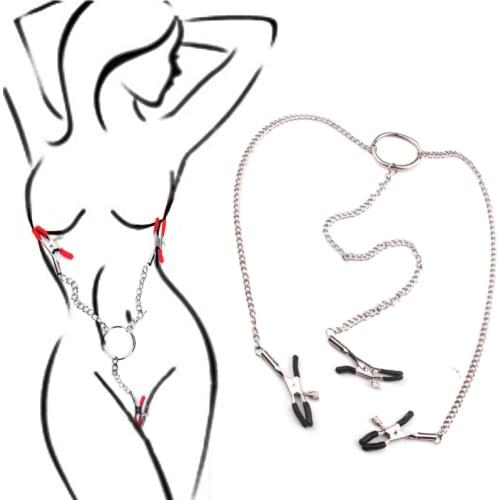 Three-Headed 3 Chain Bondage Adjustable Adult Party Body Jewelry Double-Peak Nipple Labia Clitoris Clip Metal BDSM Breast Clamp