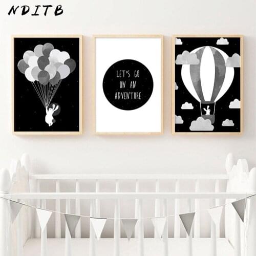 Bunny Balloon Travel Canvas Child Poster Black White Nursery Wall Art Print Cartoon Painting Nordic Kid Baby Decoration Picture