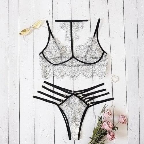 Women Bra Set New Sexy Lingerie set Halter Transparent Bralette+Thong Set Bandage Lingerie Plus Size Lace Underwear Set