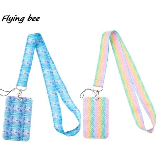 Flyingbee X1853 Colored Mermaid Scales Lanyard Card ID Holder Car KeyChain ID Card Pass Gym Phone Badge Key Ring Holder Jewelry