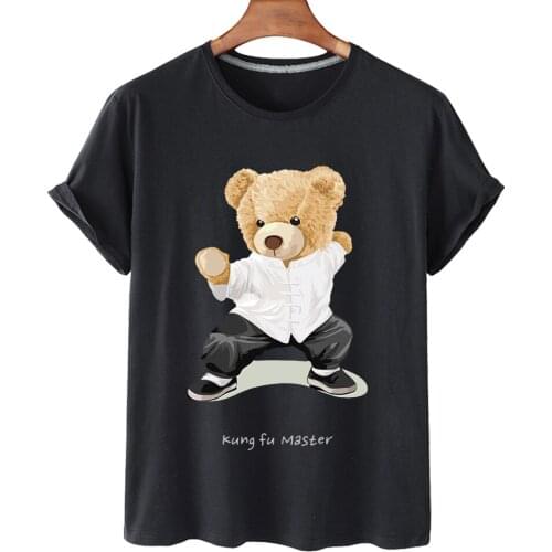 Cotton Top T-shirt Male Chinese Kung Fu Bear Loose Short Sleeve Printed Mens T-shirt Top Round Neck Oversized T-shirt S-3XL
