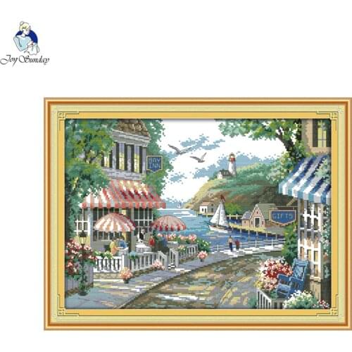 Joy Sunday The Seaside Cafe Patterns DIY Hand Cross Stitch Kits Printed Canvas DMC Counted Embroidery Needlework Home Decor
