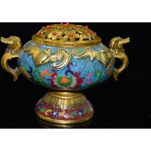 8"Chinese Folk Collection Old Bronze Cloisonne mosaic Gem Cloisonne Bat statue Dragon three feet incense burner Office Ornaments